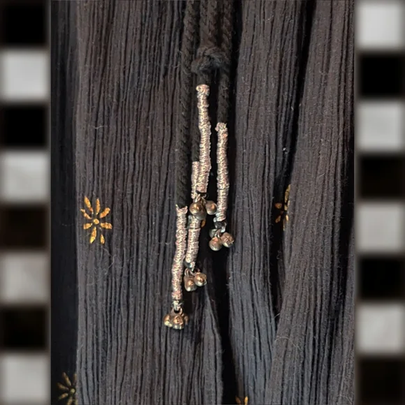 Free People Witchy Black Mini Dress 🖤 Gold Star Print, Bell Tassel - Small - Picture 2 of 5